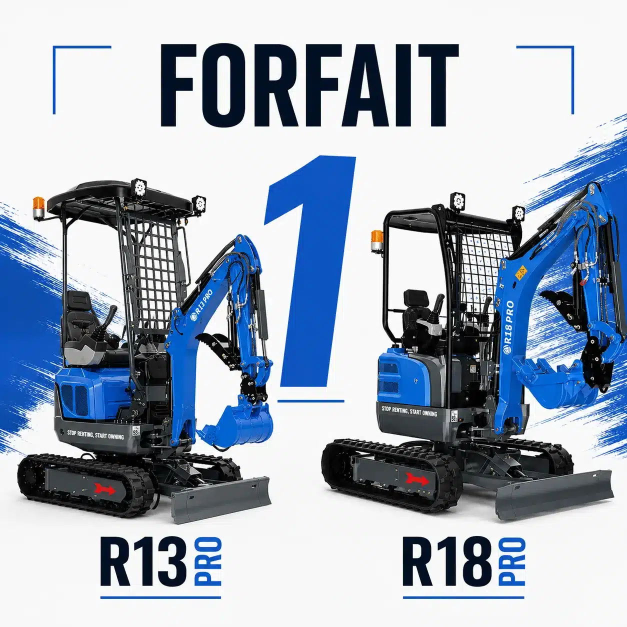 Forfait 1 de location : mini-pelles Rippa R13 PRO et R18 PRO avec lame de remblayage