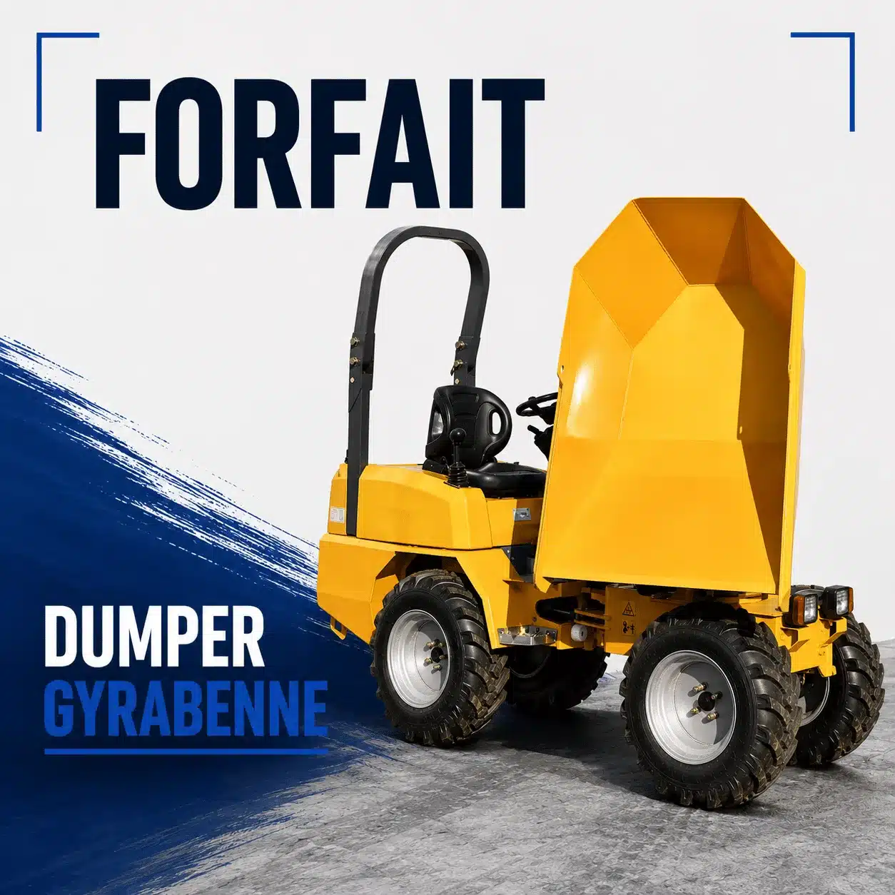 Forfait de location : dumper 1 tonne à gyrabenne, benne jaune relevée