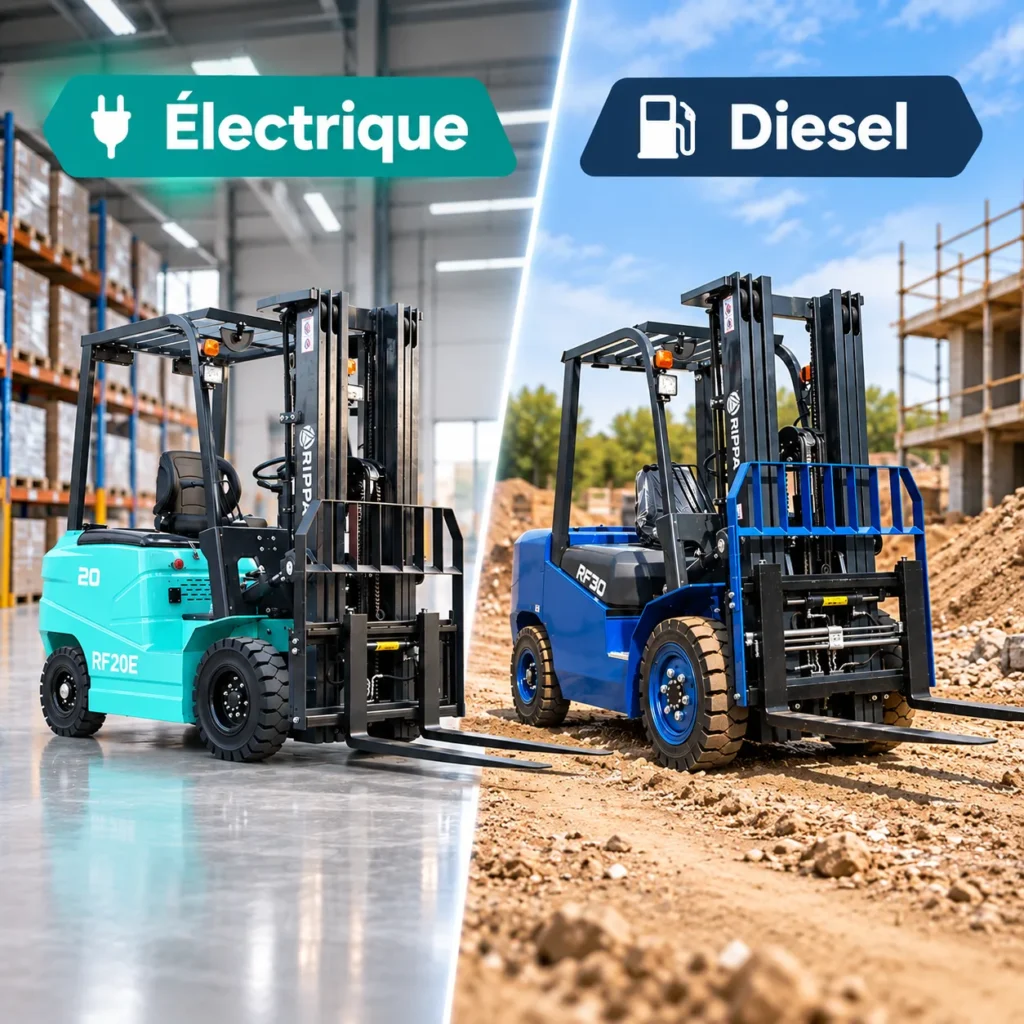 Chariot élévateur électrique en entrepôt et chariot élévateur diesel Rippa RF30 sur chantier