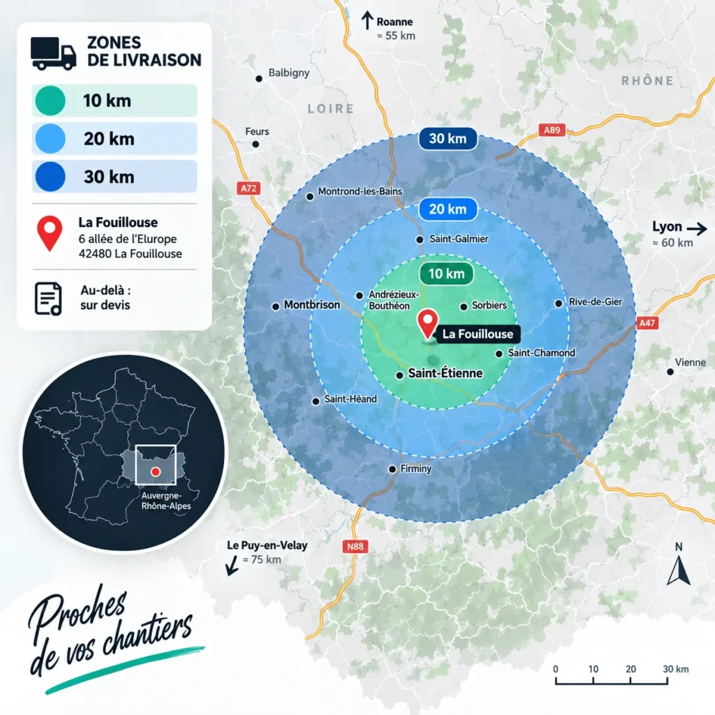 Carte des zones de livraison 10, 20 et 30 km autour de La Fouillouse, entre Saint-Étienne, Montbrison et Saint-Chamond